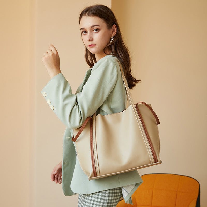The Teacher Tote Double-Sided Color Block Bag Genuine Leather Commuter Tote Women's One Shoulder Handbag