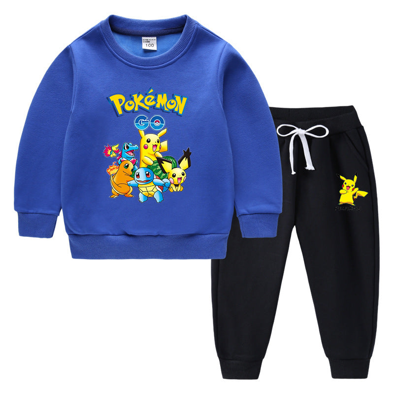 Children Pokemon Pikachu Hoodie & Pant Set Fleece Lined Padded Warm Keeping Winter Clothes Sweatershirt Suit