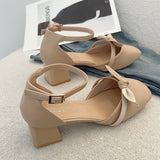 Nude Pumps Block Heel Bowknot Mary Jane Leather Shoes