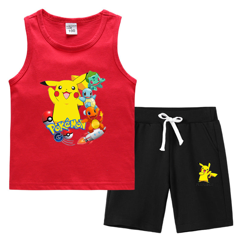 Children Pokemon Pikachu Tshirts & Shorts Summer Vest Middle Pants Sports Casual Thin Two Pieces