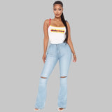 Women Plus Size Jeans High Waist Slim Denim with Hole Trousers