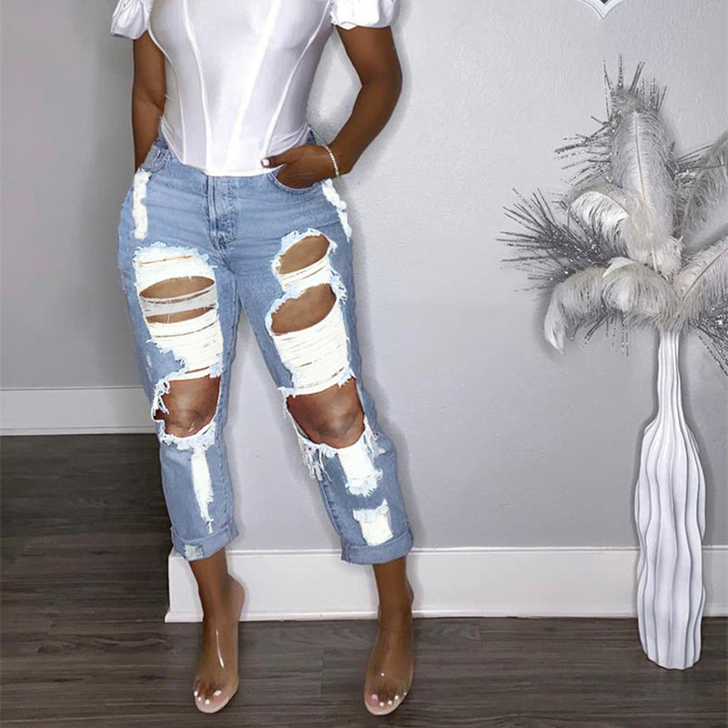 Women Plus Size Jeans Ripped Fashion Casual Ankle Banded Pants