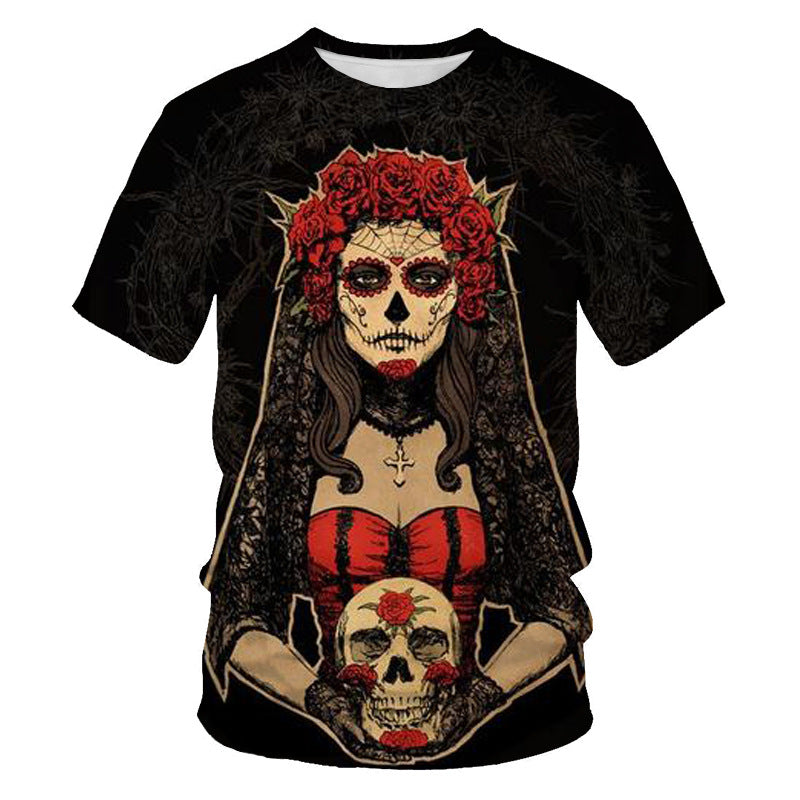 Skull Hoodie Summer Short-Sleeved T-shirt Men's and Women's round Neck Loose