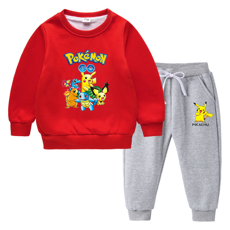 Children Pokemon Pikachu Hoodie & Pant Set Fleece Lined Padded Warm Keeping Winter Clothes Sweatershirt Suit