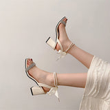 Nude Pumps Block Heel Retro Chunky Heel Gentle Bow Sandals
