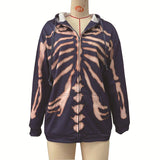Skull Hoodie Long Hooded Jacket Halloween Skull Print Zipper Jacket