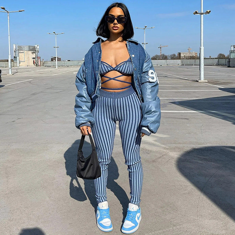Women Top & Pant 2 Piece Set Summer Stripes Strap Vest Slim-Fit Pants Suit