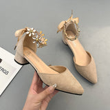 Nude Block Heel Sandals Bow Rhinestone High Heel Shoes