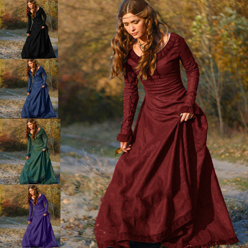 Vintage Empire Waist Dress Red Dress Long Sleeve round Neck Slim Fit Female Dress
