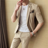 Men Trousers Slim Fit Mid-Sleeve Suit Two-Piece Set