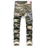 J Shaped Jeans Straight Ripped Colorful Cloth Stitching Denim Trousers