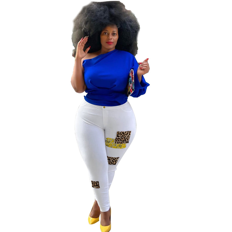 Women Plus Size Jeans Leopard Splicing Slim Denim Pencil Pants