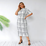 Women Plus Size Maxi Dresses Summer Plaid Stand Collar Short Sleeve Bodycon Dress