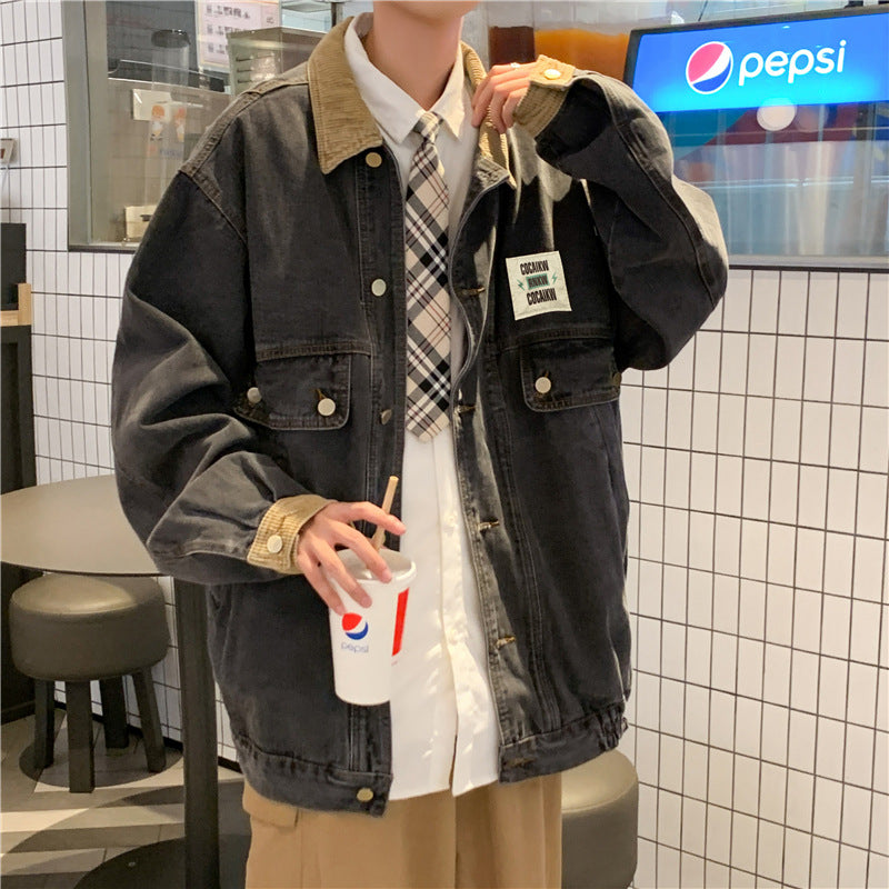 Corduroy Patch Jacket Color Stitching Turnover Neck Denim Jacket Men's Spring Jacket