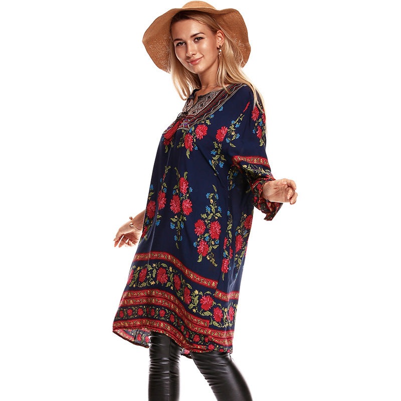Beth Dutton Bohemian Dress Winter Autumn Midi Dresses Retro Cropped Sleeves V-neck Printed Dress for Women