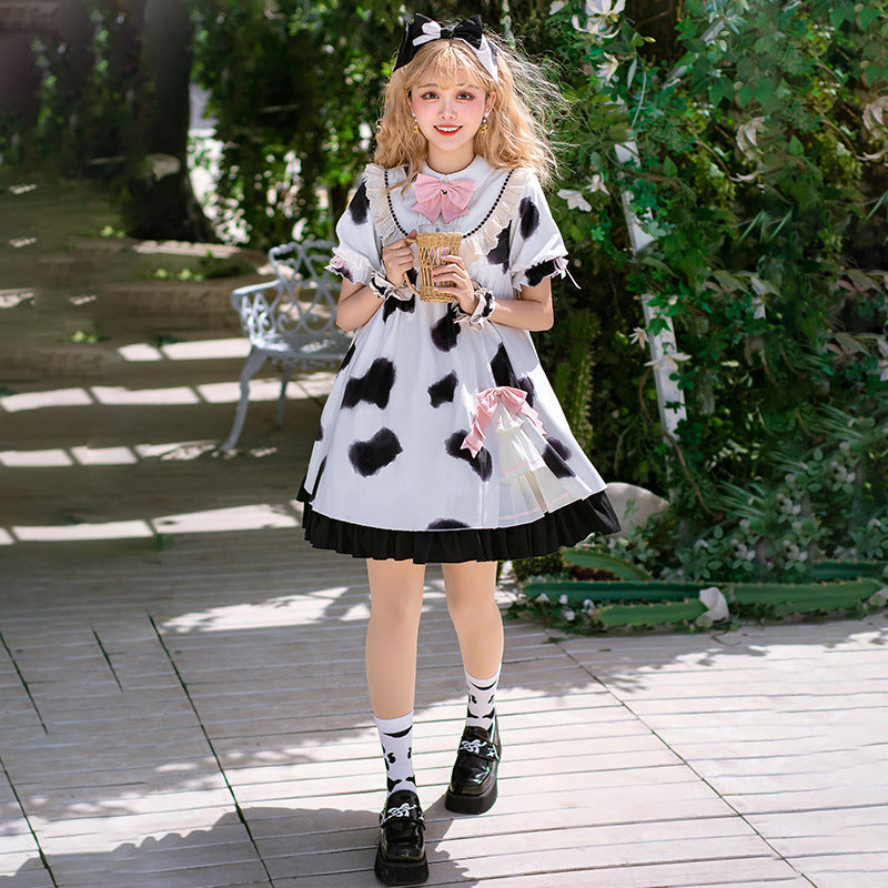 Gothic Lolita Harajuku Style Clothing Lolita Skirt Summer Cow Puff Short Sleeve Op Dress Cow Handle Everyday Dress