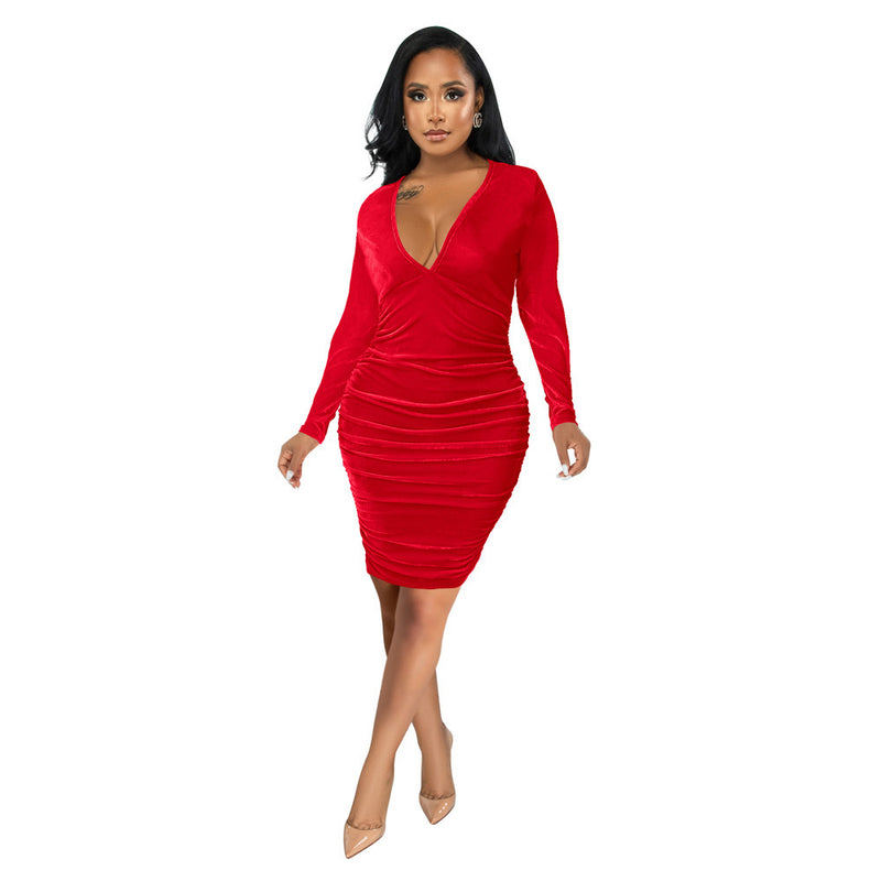 Dakota Johnson Red Mini Dress V-neck Pleated Long Sleeve Solid Color