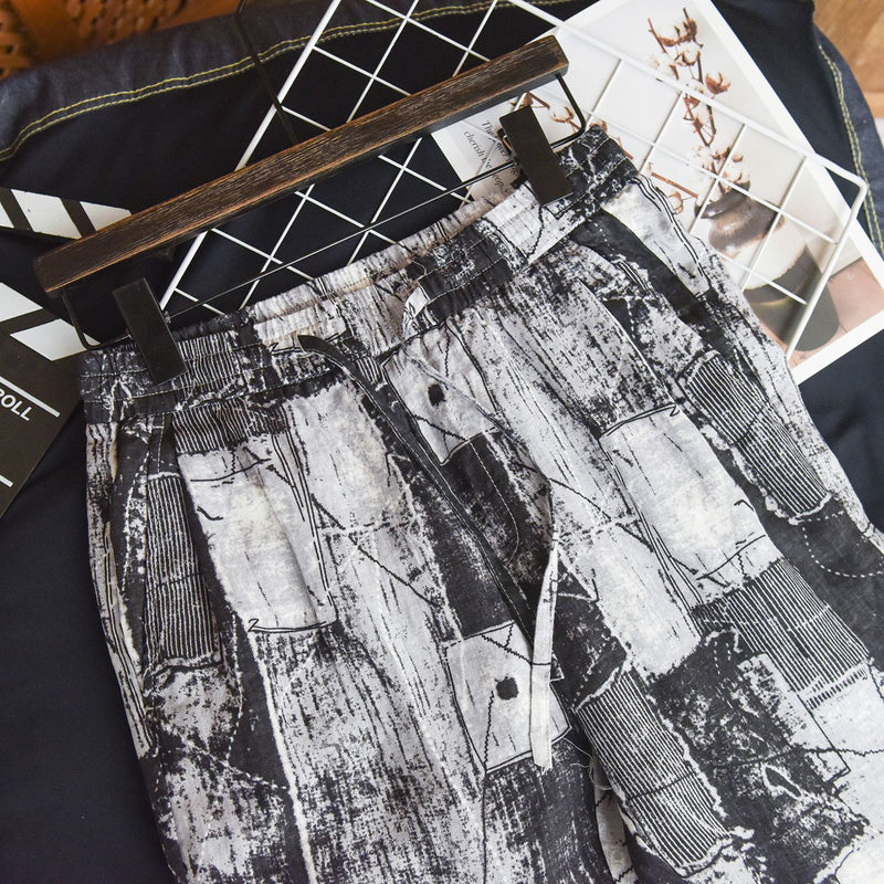 Linen Pants Straight Leg Pants Drawstring Lightweight Elastic Beach Pants Printed Cotton and Linen