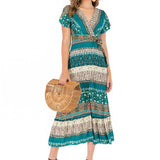 Beth Dutton Bohemian Dress Summer Spring Midi Dresses Sexy V-neck Waist Printed Beach Dress Maxi Skirt