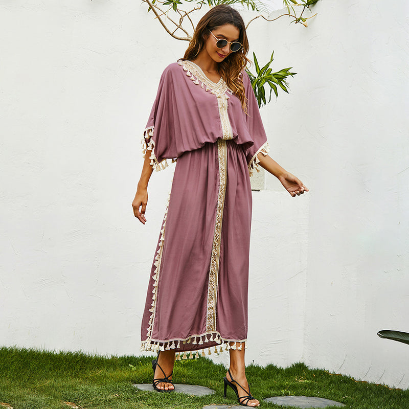 Women Plus Size Dresses Loose Embroidery Tassel Long Dress