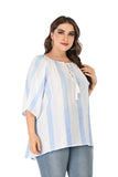 Women Plus Size Tops Summer Loose-Fitting Tassel Drawstring Stripes Half Sleeve Shirt