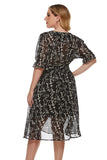 Women Plus Size MIDI Dresses V Collar Waist-Tight Chiffon Printed Dress