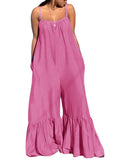 Women Plus Size Pants Suspenders Loose Flared Solid Color Jumpsuit