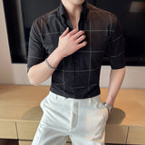 Men Shirts Casual Plaid Shirt Slim Fit V-neck Shirt