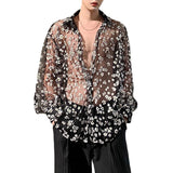Transparent Shirt for Men Sheer Top Slim-Fit Long-Sleeved Lace Shirt