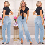 Women Plus Size Jeans High Waist Slim Fit Slit Bell-Bottom Pants