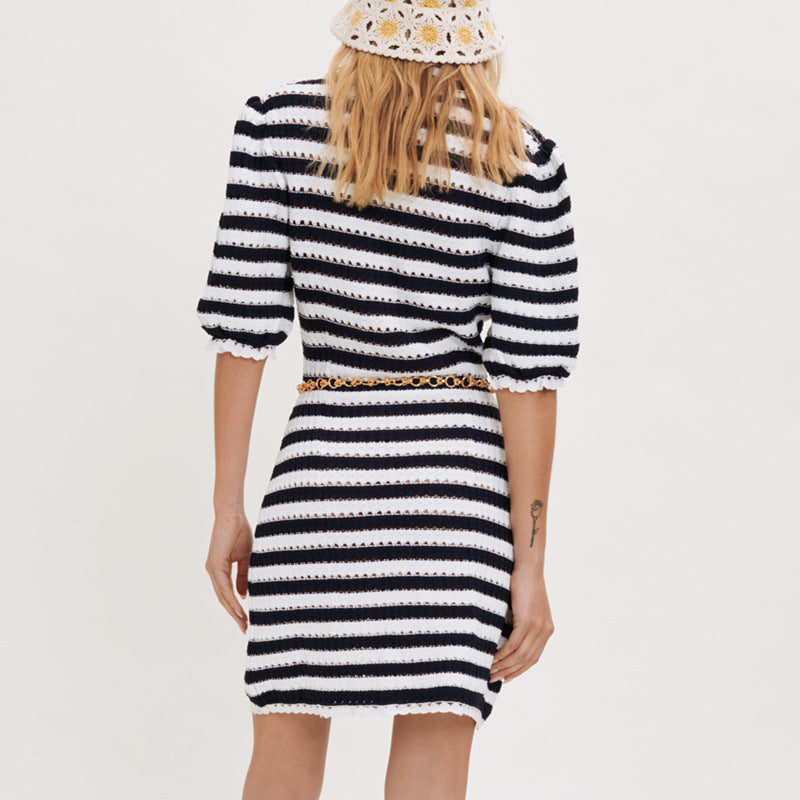 Black and White Dress Law V-neck High Waist Puff Sleeve Striped Hollow-out Knitted Dress