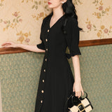 Women's cottagecore Dress Vintage V-neck Puff Sleeve Dress Summer Women's Clothing Black Dress