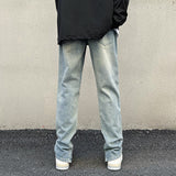 J Shaped Jeans Tube Zipper Split Pants Autumn and Winter Stitching Pleated Jeans Men