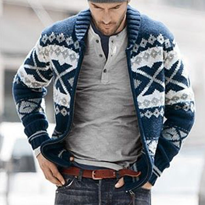 John Dutton Jacket Lapel Zipper Cardigan Cotton Long Sleeve Jacquard Sweater Coat