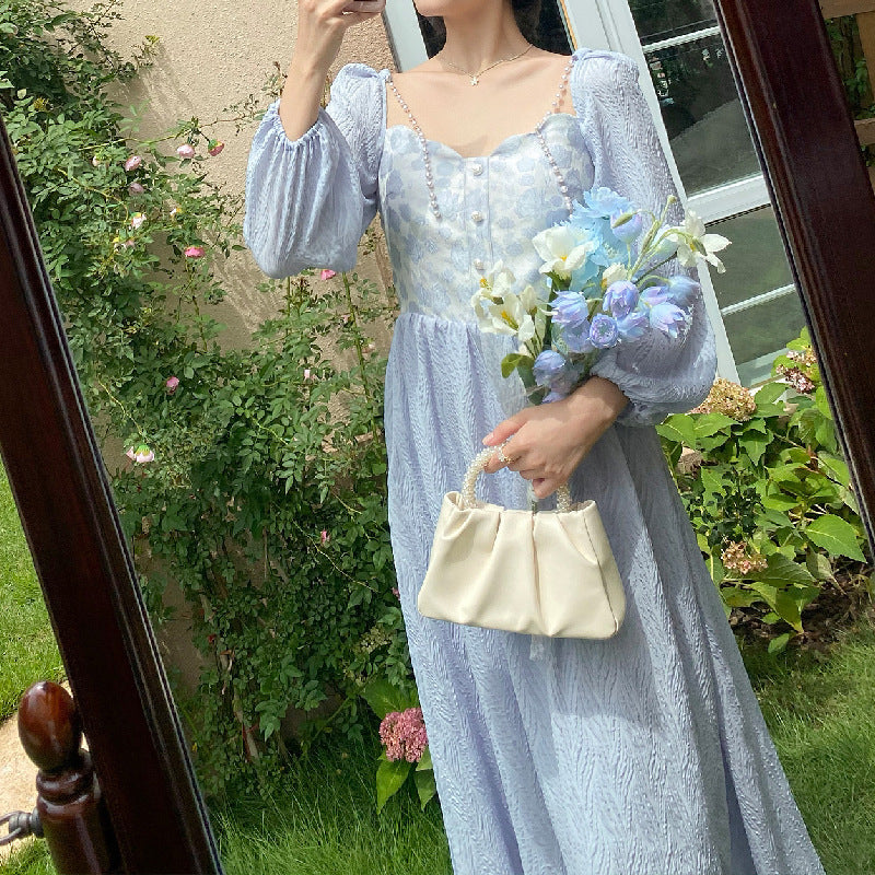 Fairy Dress French Romantic Elegant Blue Rose Jacquard Autumn Pearl over the Knee A- line Long Dress Temperament Female