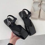 Nude Pumps Block Heel Leather Shoes Retro Sandals