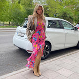 Music Festivals Rave Outfits Dress Summer Sexy Suspenders Low-Cut Slim Fit Split Print Dress
