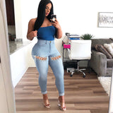 Women Plus Size Jeans High Waist Slim-Fit Lace Up Denim Pants