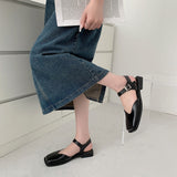 Nude Pumps Block Heel Leather Shoes Retro Sandals