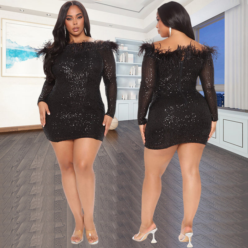 Nina Parker Dresses Large Size Sequined Elegant Slim-Fit Feather Dress