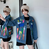 Spray Painted Jacket Autumn Colorful Graffiti Denim Jacket