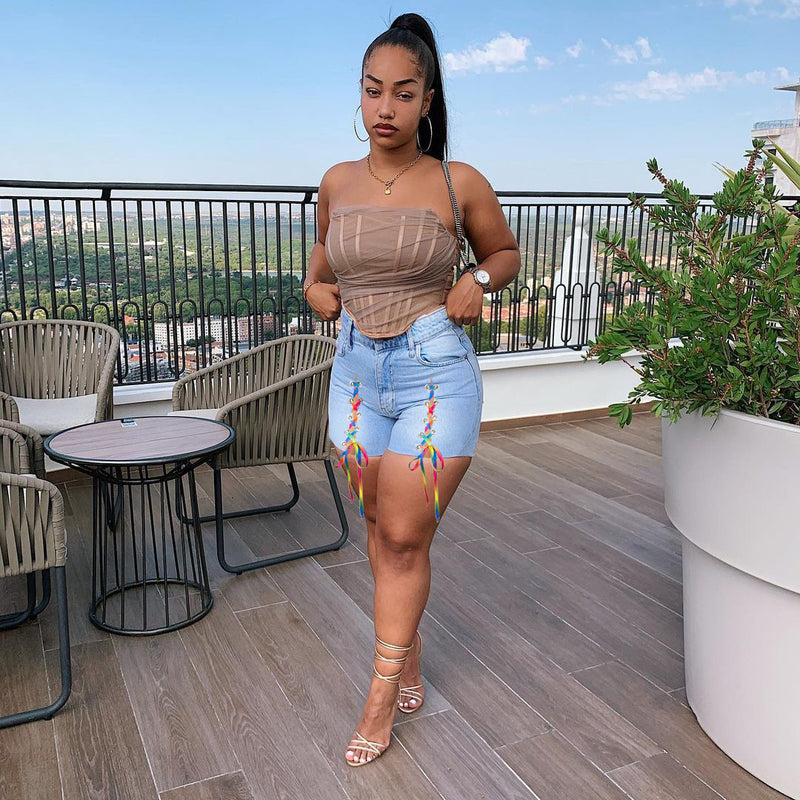 Women Plus Size Denim Shorts Fashion Tie Denim Shorts