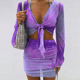 Women Top & Skirt 2 Piece Set Summer Mesh Printed Cardigan Sheath Skirt Casual Suit