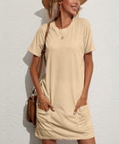 Work Dresses with Pockets Summer round Neck Solid Color Short Sleeve Casual Loose-Fitting T-shirt Dress