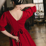 Women cottagecore Dress Summer Retro Red Square Collar Puff Sleeve Dress Long Dress