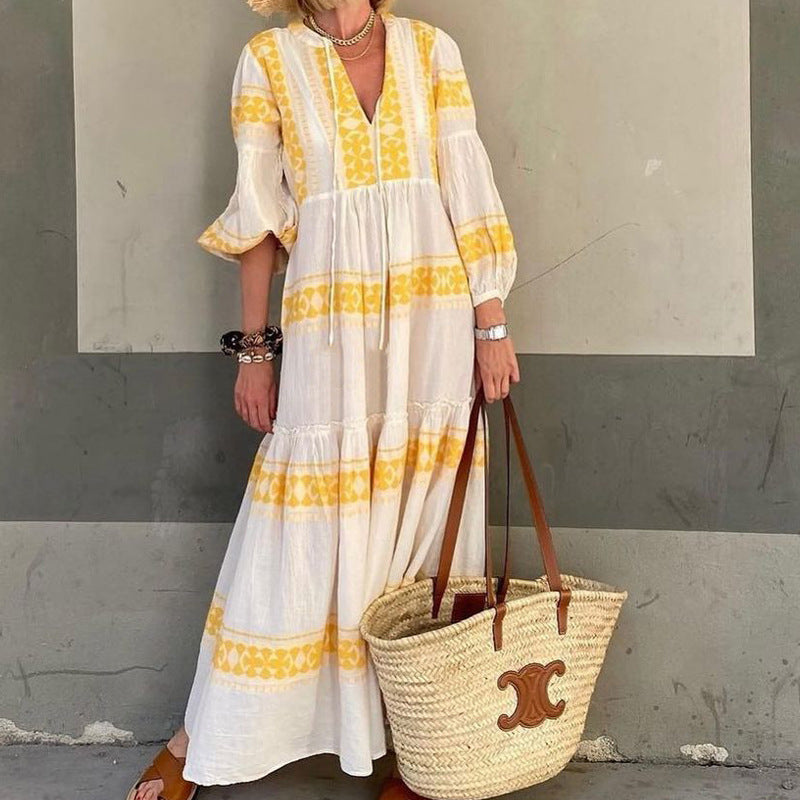 Beth Dutton Bohemian Dress Summer Spring Midi Dresses Autumn Printed Long Sleeve Self-Tie Dress