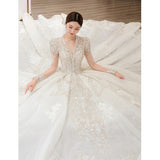 The Great Gatsby Daisy Dress Long Sleeve Wedding Dress 2021 Autumn and Winter New Bridal Palace Style V-neck Heavy Work Large Tail Sexy Wedding Dress Factory Wholesale