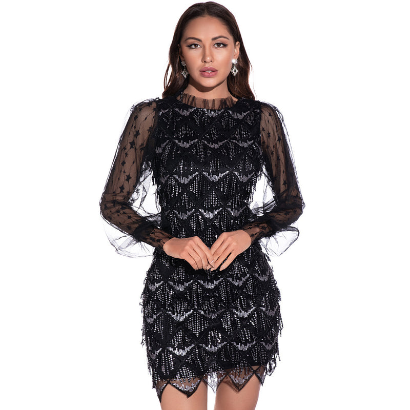 Knee Length Semi Formal Dresses for Wedding Sequins Dress Sexy Mesh Long Sleeve