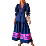 Women Bohemian Dress Spring and Autumn Hollow-out Cinched Dress