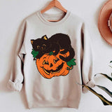 Halloween Costumes Fall Cat Pumpkin Printed Crew Neck Sweatshirt Female